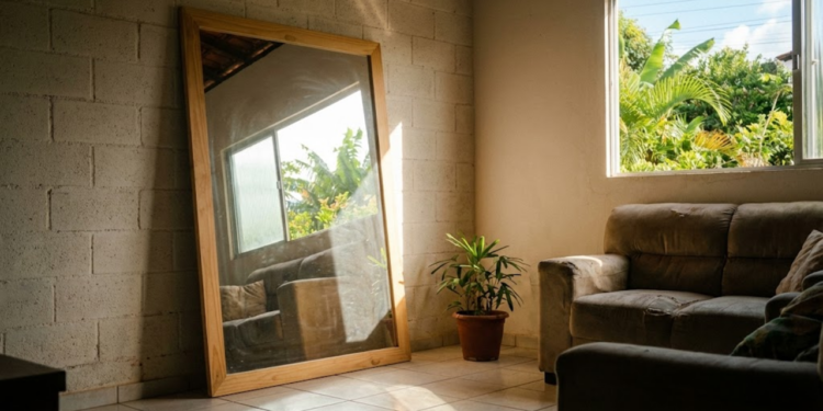 Espelho posicionado na parede oposta à janela refletindo luz solar para o interior do ambiente