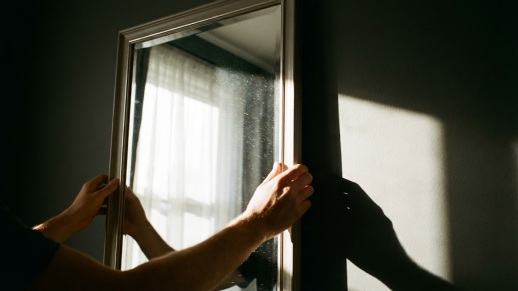 Espelho posicionado na parede oposta à janela refletindo luz solar para o interior do ambiente