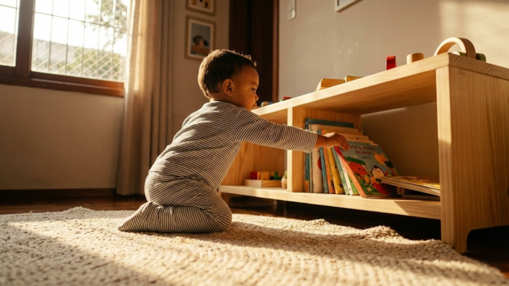 Prateleiras de madeira baixas com objetos organizados ao alcance das mãos de uma criança pequena