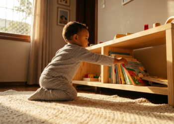 Prateleiras de madeira baixas com objetos organizados ao alcance das mãos de uma criança pequena