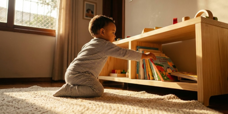 Prateleiras de madeira baixas com objetos organizados ao alcance das mãos de uma criança pequena