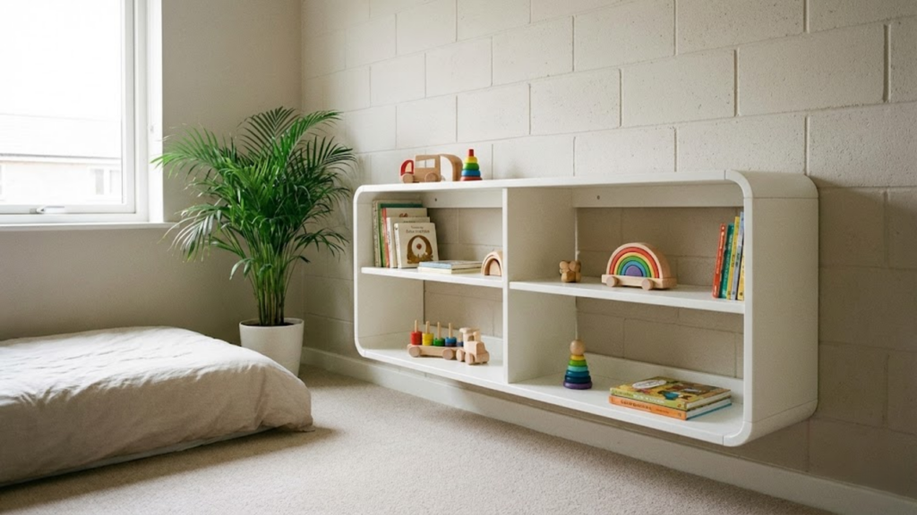 Prateleiras de madeira baixas com objetos organizados ao alcance das mãos de uma criança pequena