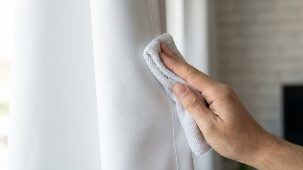 Limpeza prática de cortina blackout de PVC com pano úmido.