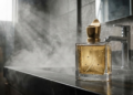 Perfume de luxo envolto em vapor intenso em um banheiro moderno.