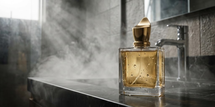 Perfume de luxo envolto em vapor intenso em um banheiro moderno.