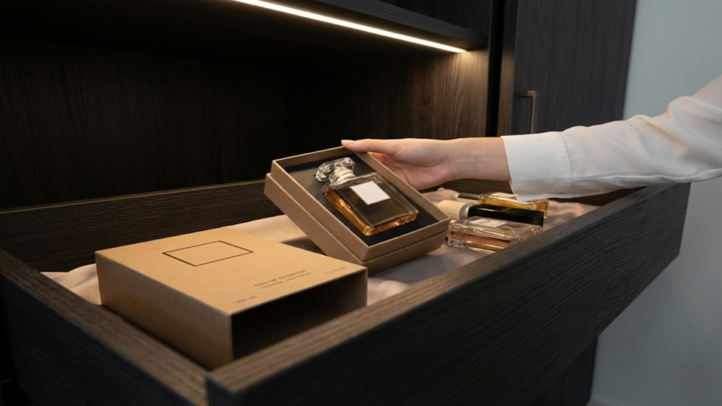 Perfume sendo guardado corretamente em local seco, escuro e arejado.