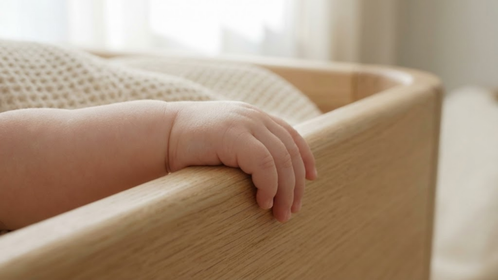 Detalhe de mão de bebê tocando cama de madeira natural e manta macia.
