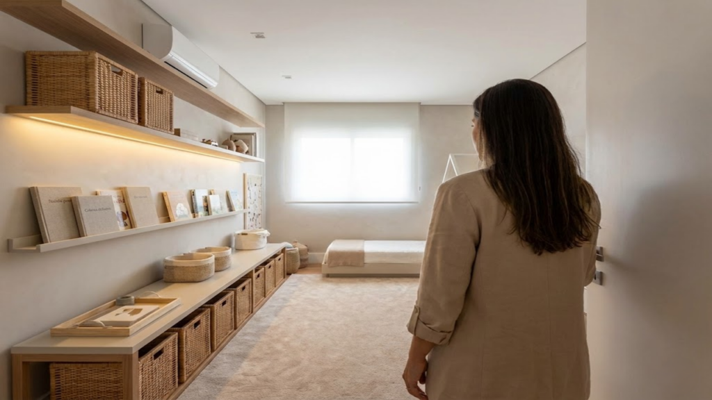 Visão ampla de quarto montessori organizado com texturas naturais e luz suave.