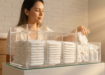 Trocador organizado com caixas transparentes sob luz suave do entardecer.