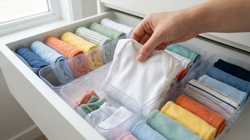 Visão de cima de gaveta organizada com colmeias transparentes e roupinhas.