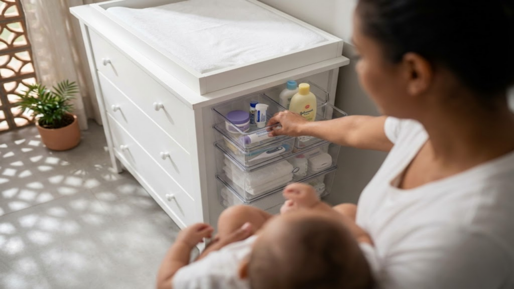 Prateleira de higiene setorizada com organizadores empilháveis e fáceis de usar.