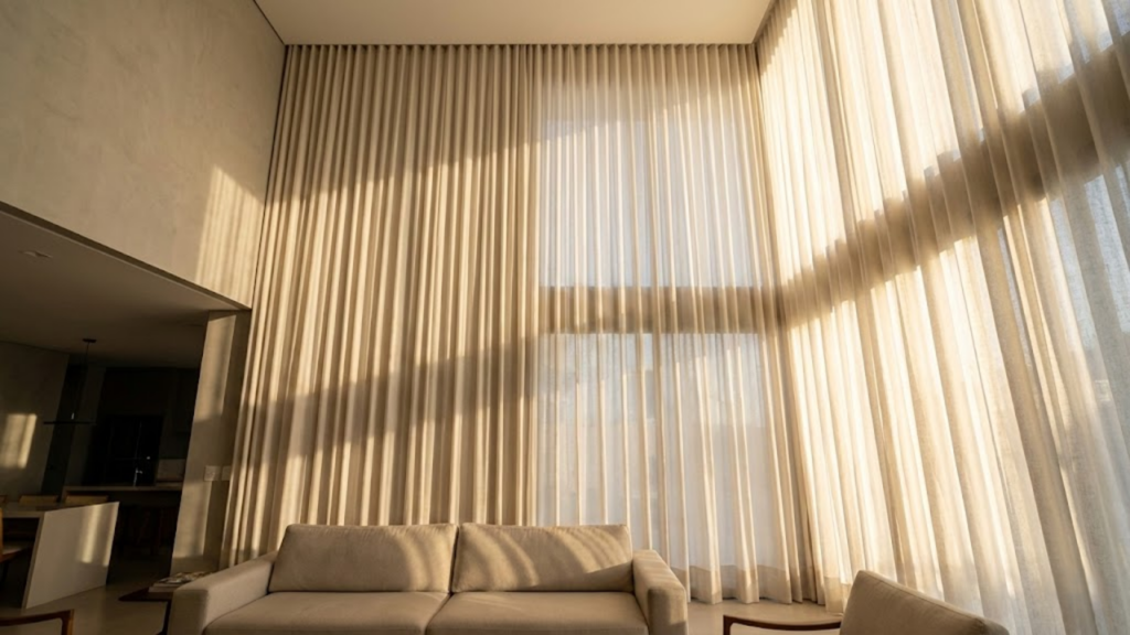 Sala de estar elegante com cortinas longas instaladas próximas ao teto
