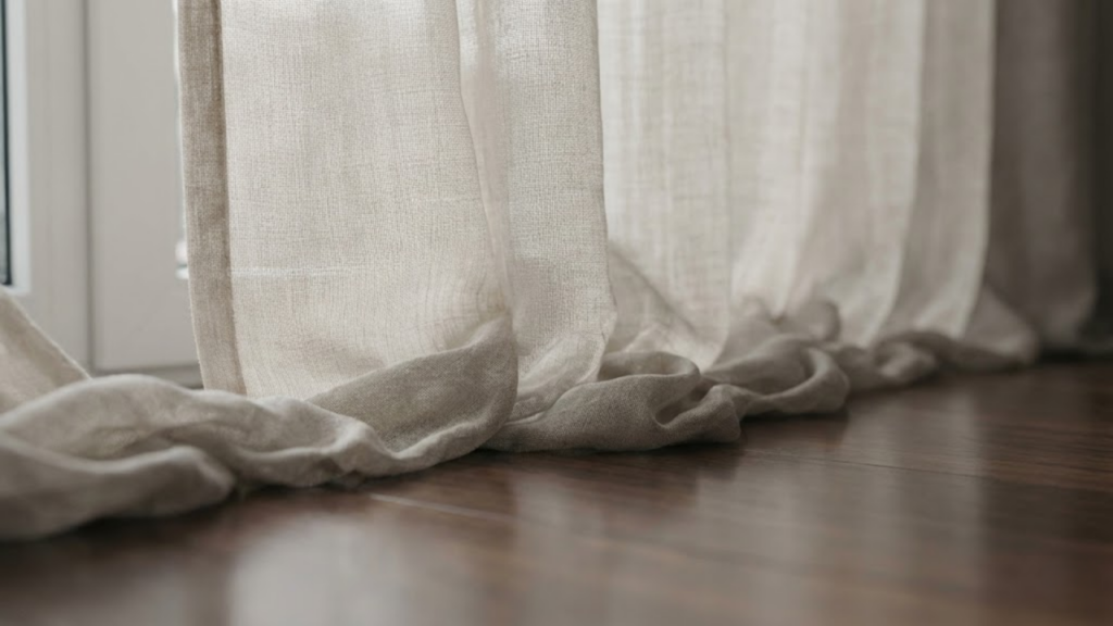 Sala de estar elegante com cortinas longas instaladas próximas ao teto