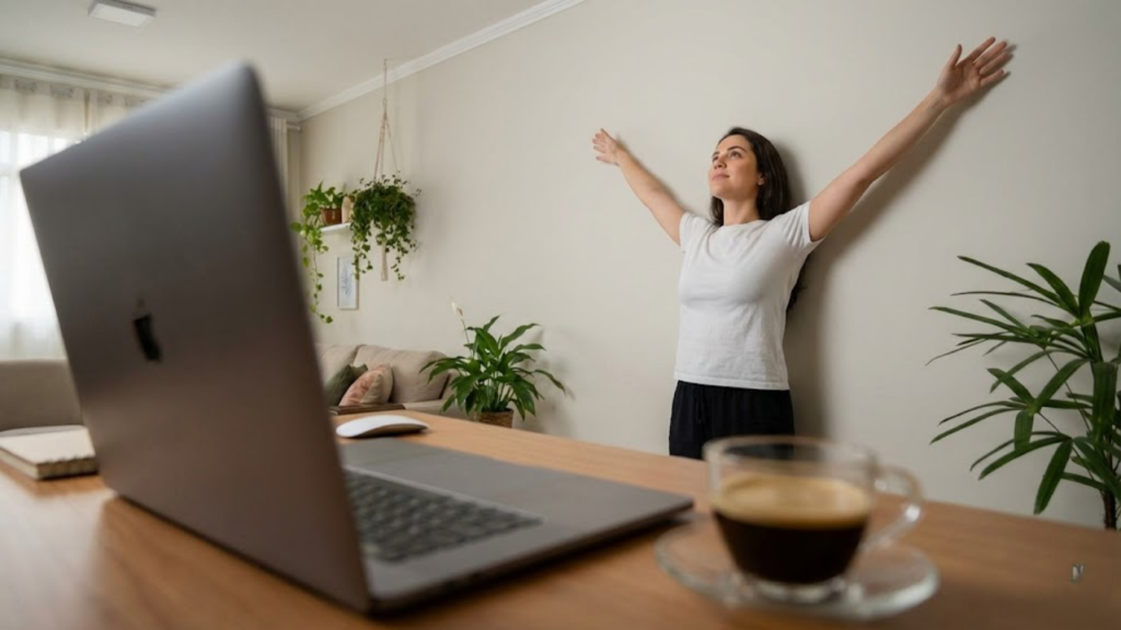 Mulher faz pausa no trabalho para alongar a coluna na parede do escritório.