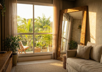 Sala pequena parecendo gigante com espelho refletindo janela e sol