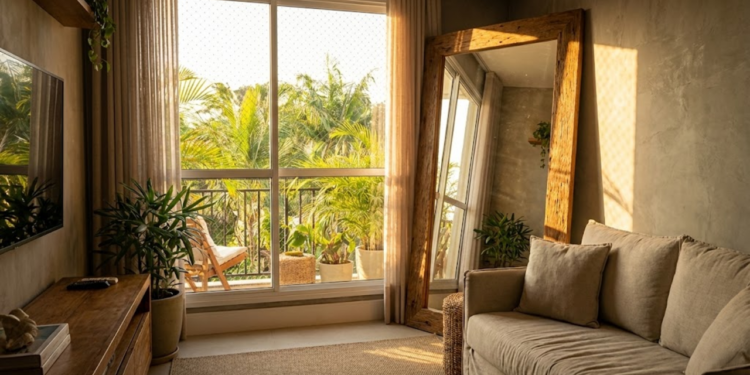 Sala pequena parecendo gigante com espelho refletindo janela e sol