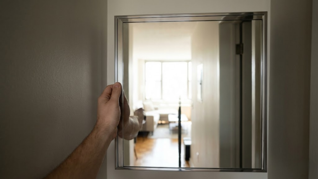 Sala ampla mostrando um espelho redondo jogando luz solar em um canto escuro