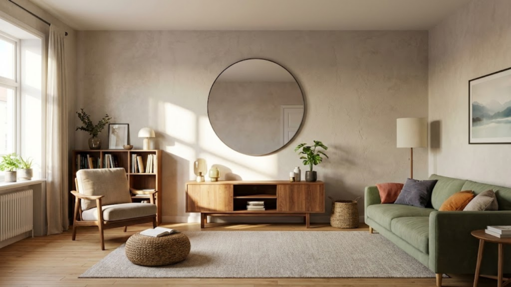 Visão em primeira pessoa de um espelho no corredor refletindo a sala iluminada