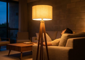 Sala de estar brasileira aconchegante banhada por luz dourada ao anoitecer