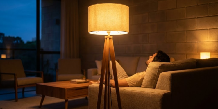 Sala de estar brasileira aconchegante banhada por luz dourada ao anoitecer