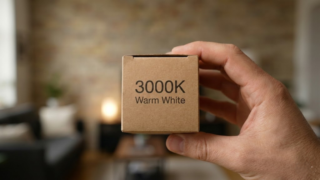 Mão segurando caixa de lâmpada destacando o selo de 3000K