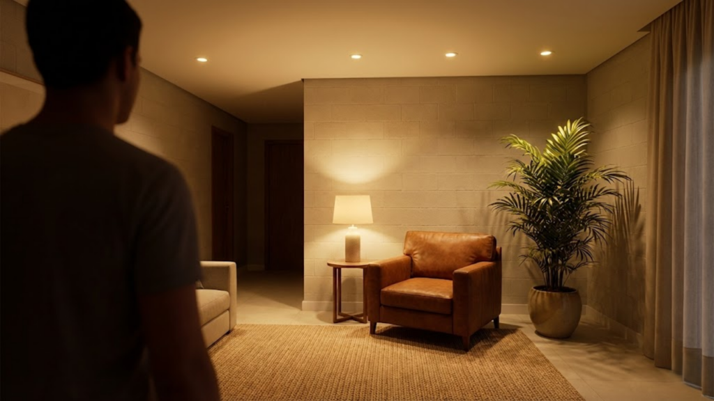 Ângulo amplo de sala decorada com luz quente realçando texturas e móveis.