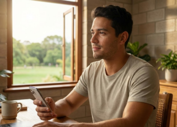 Homem descansando a vista ao olhar pela janela após usar o celular.
