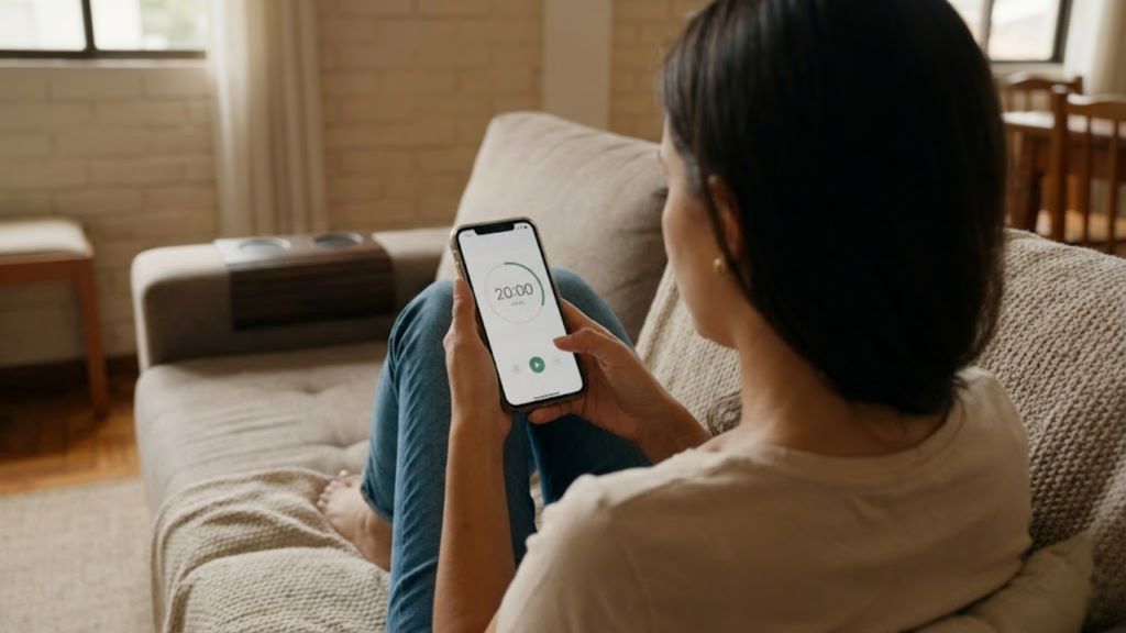 Mulher configurando cronômetro de 20 minutos no celular para fazer pausas.