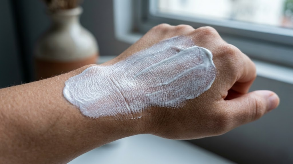 Close-up detalhado do protetor solar sendo espalhado na pele real