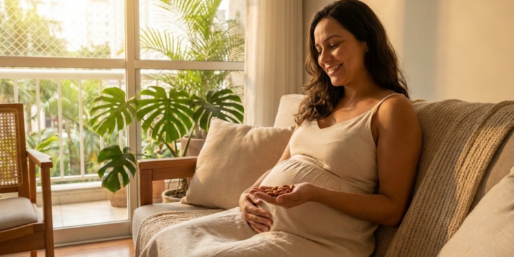 Grávida sorrindo aliviada no sofá, segurando amêndoas cruas com luz do sol
