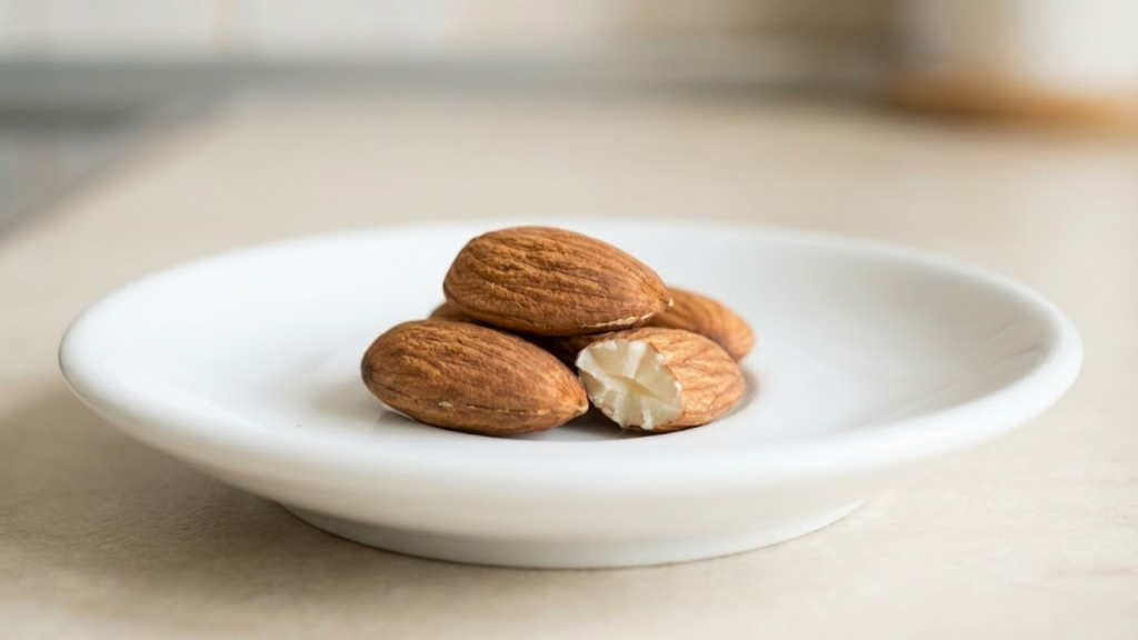 Close extremo de três amêndoas cruas com casca sobre um pires branco.