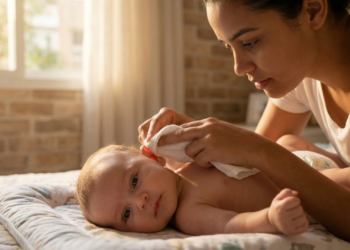 Mãe brasileira secando delicadamente a orelha do bebê com toalha macia