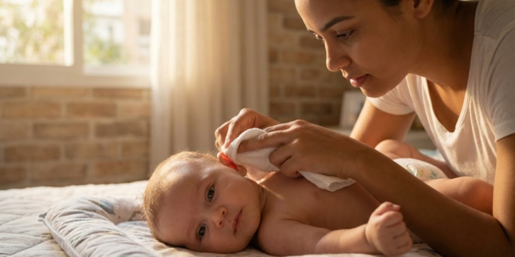 Mãe brasileira secando delicadamente a orelha do bebê com toalha macia