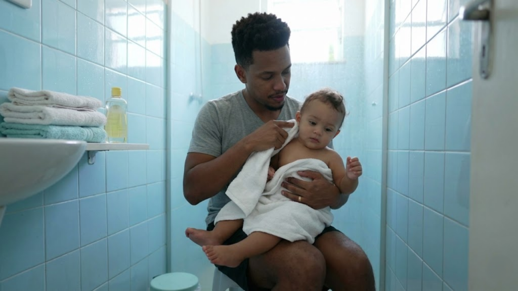 Pai em banheiro brasileiro preparando-se para limpar o bebê com segurança