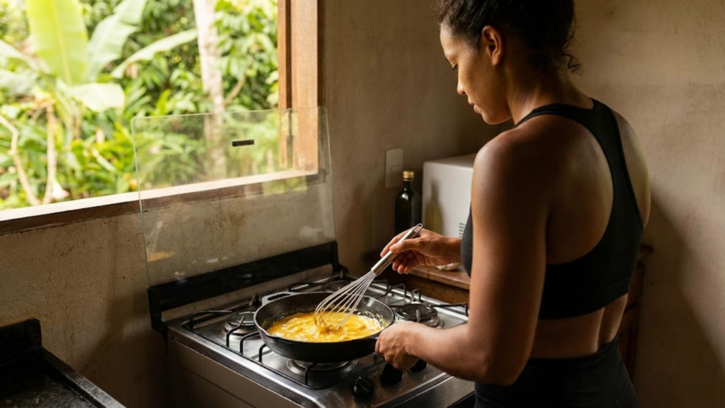 Pessoa preparando ovos mexidos em uma cozinha iluminada, transmitindo um estilo de vida saudável e real.