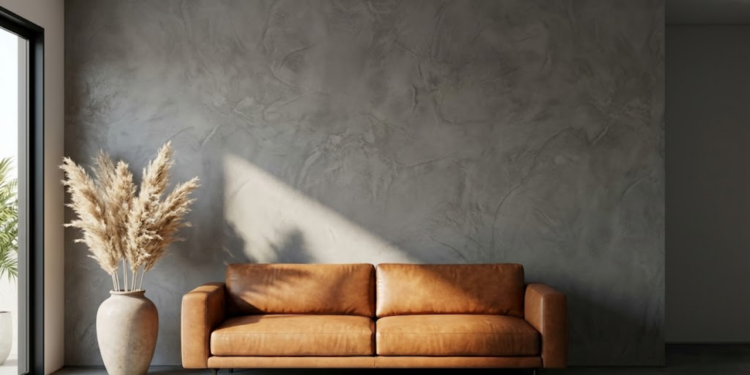 Sala moderna com parede de cimento queimado sob luz solar intensa e decoração industrial