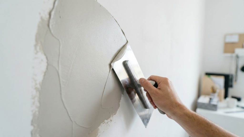 Close-up em primeira pessoa aplicando massa de cimento queimado na parede com desempenadeira