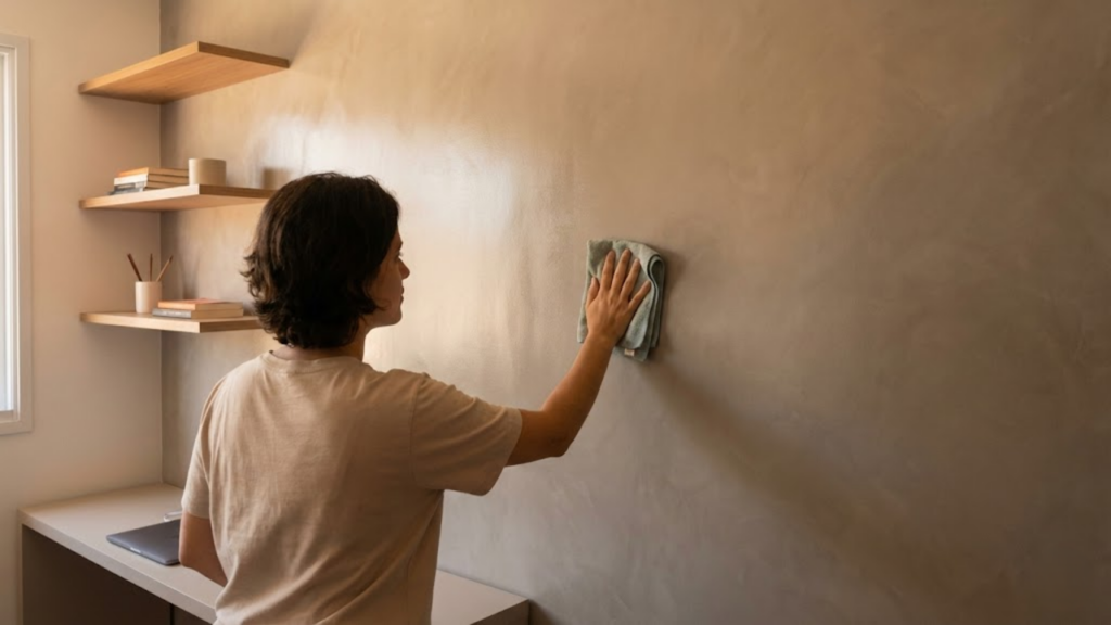 Pessoa limpando suavemente a parede de cimento queimado protegida por resina em um escritório