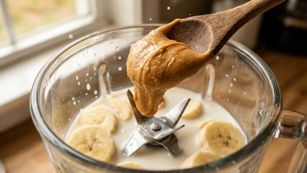Close-up detalhado de uma colherada de pasta de amendoim entrando no liquidificador.