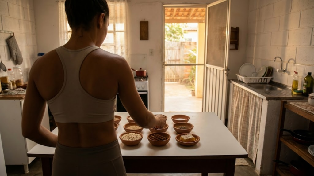 Atleta organizando ingredientes naturais como aveia e mel em uma cozinha ensolarada.