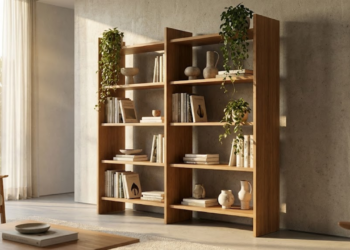 Uma estante de madeira elegante na sala, com luz natural destacando o vão de 10cm da parede e criando profundidade.