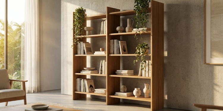 Uma estante de madeira elegante na sala, com luz natural destacando o vão de 10cm da parede e criando profundidade.