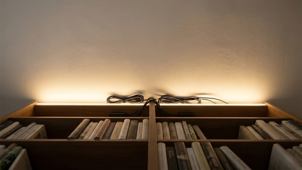 Visão traseira e inferior da estante, mostrando uma fita de LED criando luz indireta na parede e cabos organizados no vão.