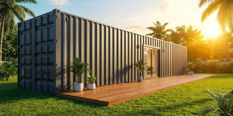 Casa container moderna cinza com deck de madeira sob a luz dourada do entardecer.