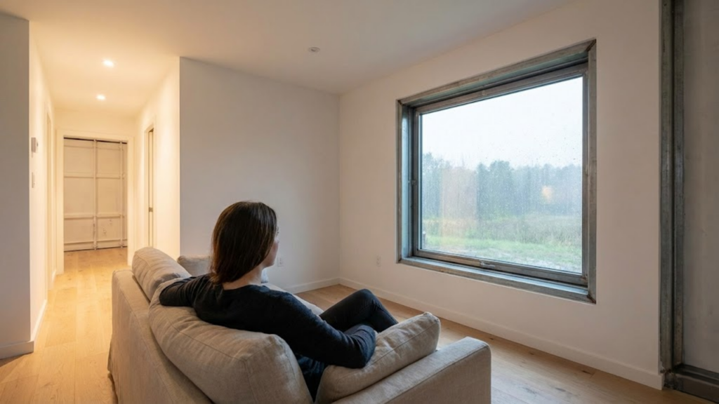 Interior aconchegante e isolado de uma casa container durante uma tarde de chuva.