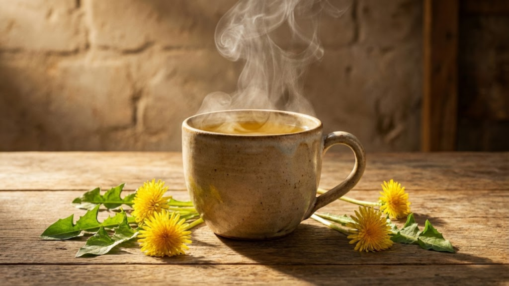 Xícara de chá de dente-de-leão fumegante com flores frescas sob luz dourada.