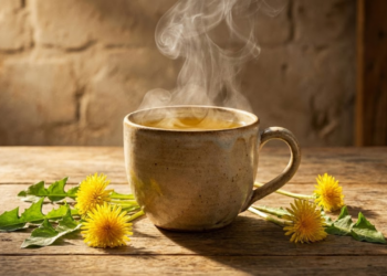 Xícara de chá de dente-de-leão fumegante com flores frescas sob luz dourada.