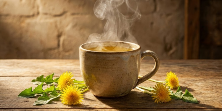 Xícara de chá de dente-de-leão fumegante com flores frescas sob luz dourada.