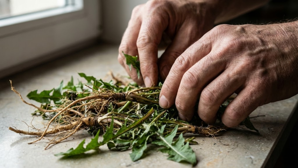 Close-up detalhado de mãos manuseando raízes e folhas secas de dente-de-leão.