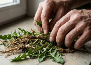 Close-up detalhado de mãos manuseando raízes e folhas secas de dente-de-leão.